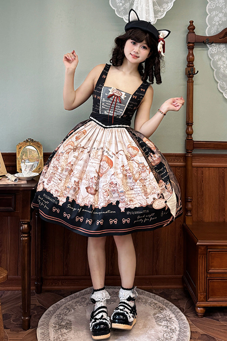 Black [Fox Band] Print Square Collar Bowknot Classic Lolita Jumper Dress - Product - 10