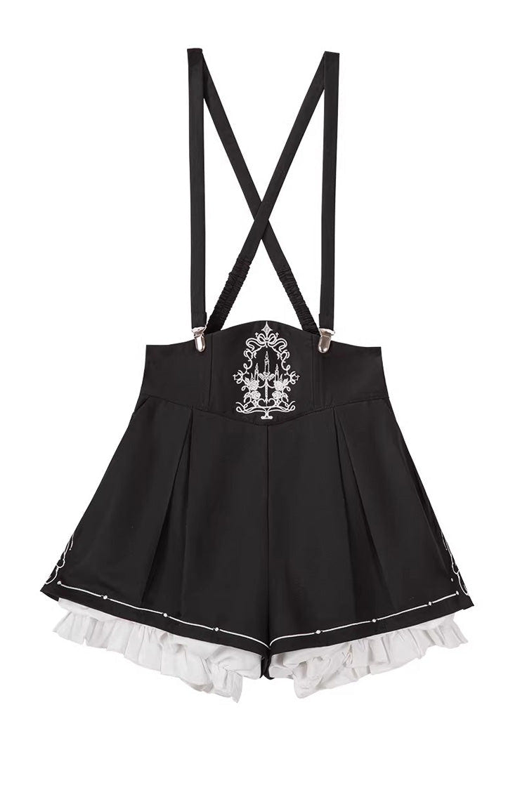Black [Rabbit-Ear Meteorite] Stand Collar Long Sleeves Ruffled Embroidered Bow Gothic Ouji Lolita Shorts Vest Set - Shorts - 11