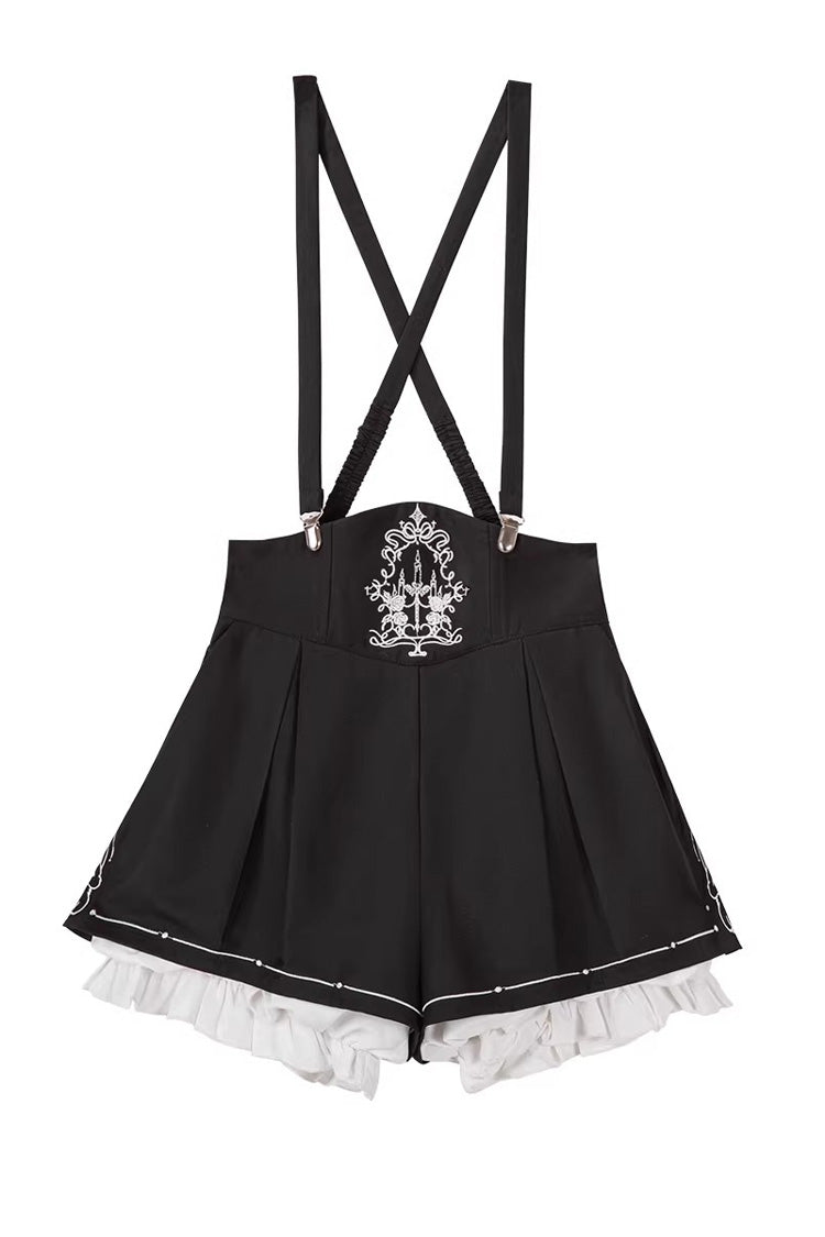 Black [Rabbit-Ear Meteorite] Stand Collar Long Sleeves Ruffled Embroidered Bow Gothic Ouji Lolita Shorts Vest Set - Shorts - 11
