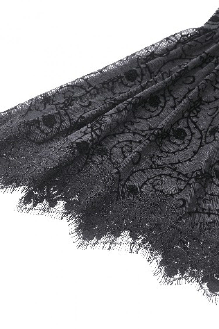 Black Lace Long Trumpet Puff Sleeves Floral Jacquard Cut-Out Lace-Up Women's Gothic Short Dress - Product - 18