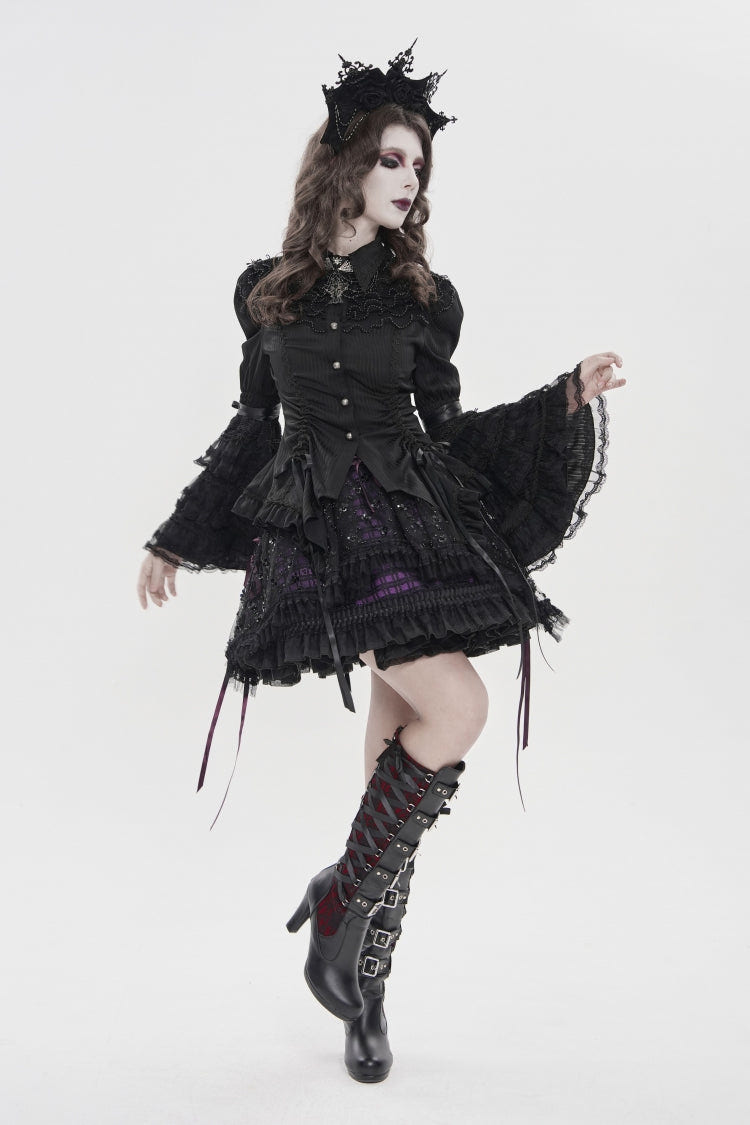 Black Lapel Collar Long Trumpet Sleeves Lace Lace-Up Women's Gothic Blouse - Product - 6