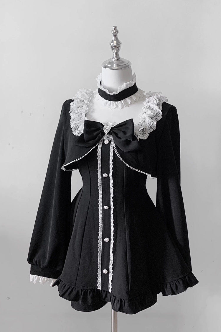 Black [Twilight Prelude] Long Sleeves Ruffled Bow Lace Jirai Kei Japanese Dress and Shorts Set - Black - 1
