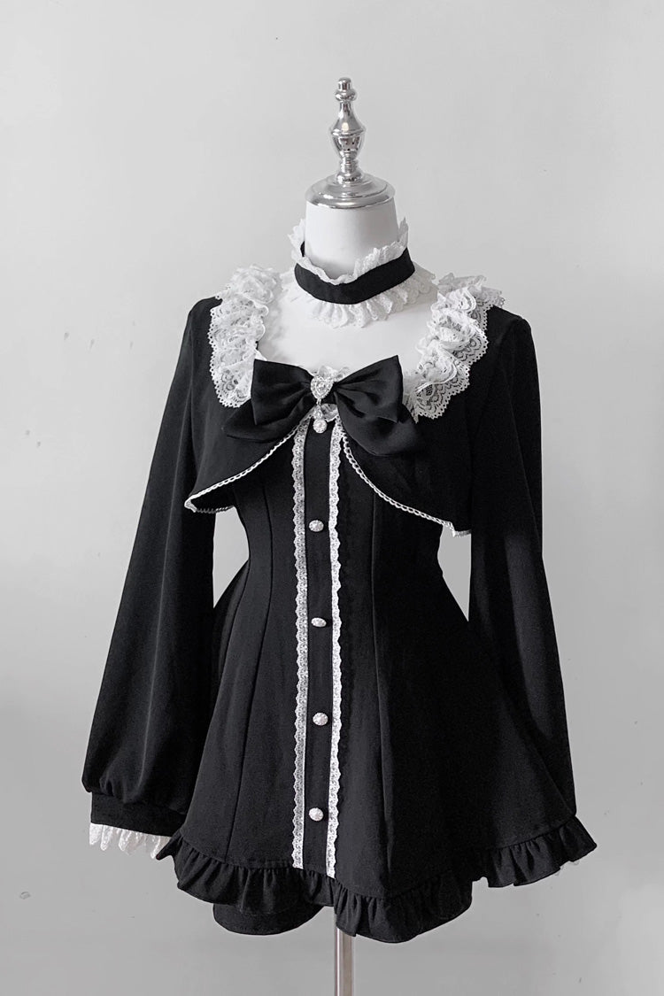 Black [Twilight Prelude] Long Sleeves Ruffled Bow Lace Jirai Kei Japanese Dress and Shorts Set - Black - 1