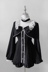 Black [Twilight Prelude] Long Sleeves Ruffled Bow Lace Jirai Kei Japanese Dress and Shorts Set - Black - 1