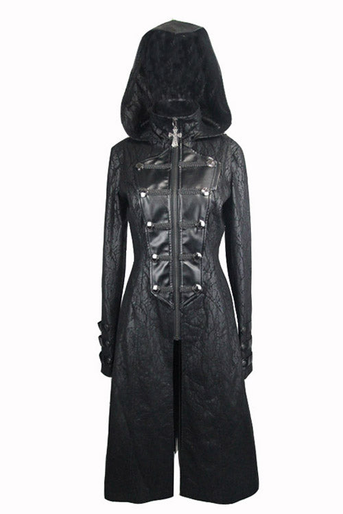 Black Punk Hooded One Side Shawl Gothic Pattern Womens Leather Long Coat - Product - 5