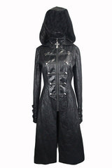 Black Punk Hooded One Side Shawl Gothic Pattern Womens Leather Long Coat - Product - 5