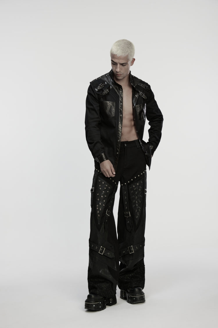 Black Studded Buckled Eyelet Men's Punk Pants - Product - 5