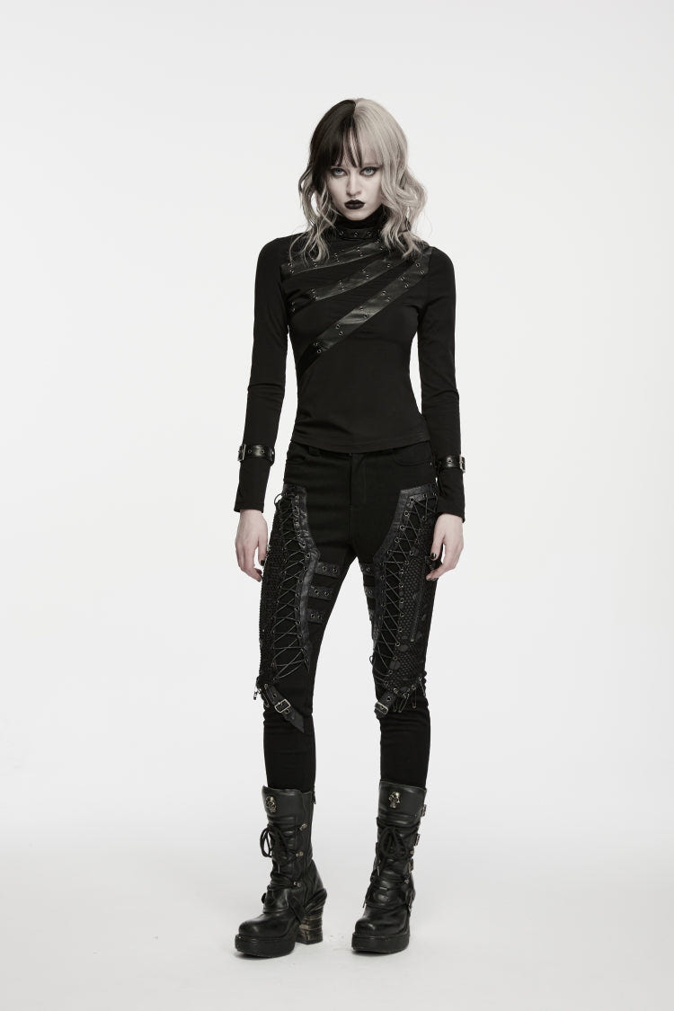 Black High Collar Long Sleeves Cut-Out Patchwork Slim Fit Asymmetric Buckled Women's Punk Cool Top - Product - 8