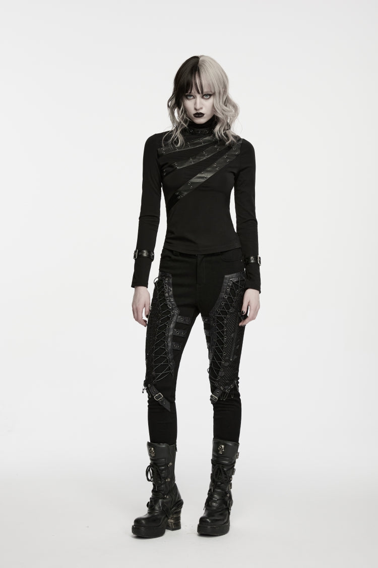 Black High Collar Long Sleeves Cut-Out Patchwork Slim Fit Asymmetric Buckled Women's Punk Cool Top - Product - 8