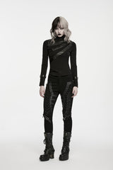 Black High Collar Long Sleeves Cut-Out Patchwork Slim Fit Asymmetric Buckled Women's Punk Cool Top - Product - 8