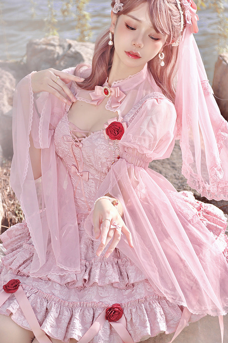 Pink Weeping Rose Double-Layered Ruffle Embroidery Bowknot Lace Sweet Ballet Lolita Skirt Set - Product - 5