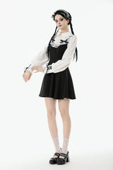 Black/White Faux Two-Piece Doll Collar Long Sleeves Lace-Up Women's Lolita Gothic Graduation Dress - Product - 9