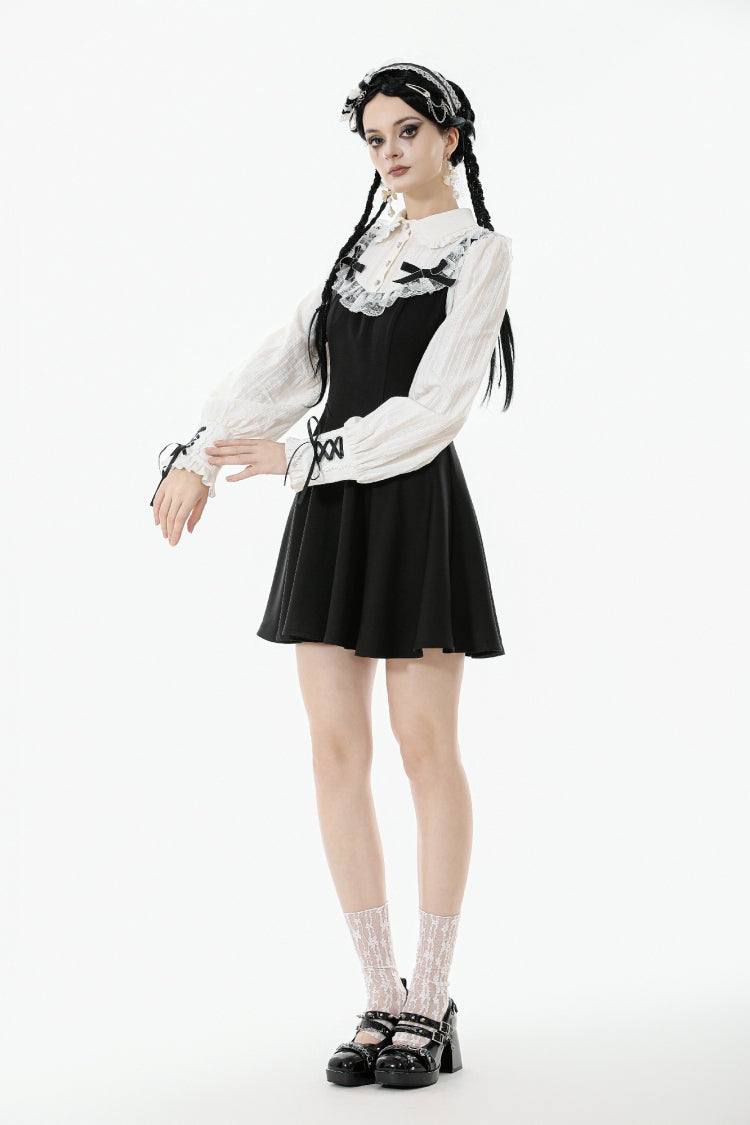 Black/White Faux Two-Piece Doll Collar Long Sleeves Lace-Up Women's Lolita Gothic Graduation Dress - Product - 9