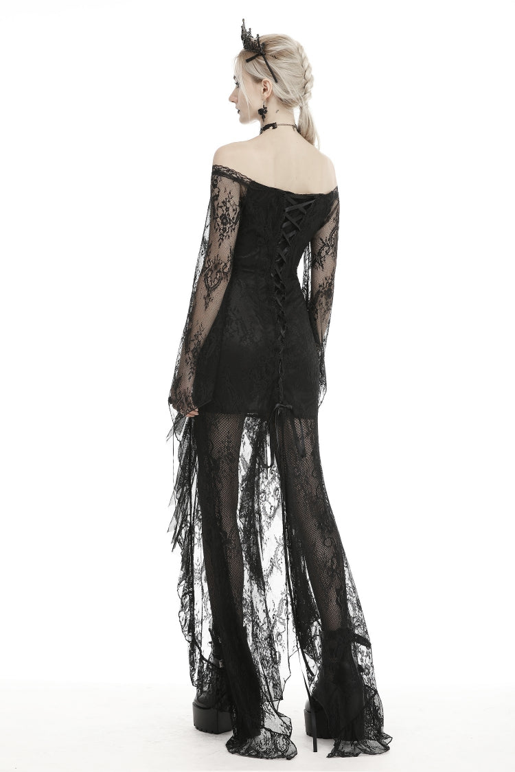 Black Off Shoulder Long Sleeves Lace Lace-Up Women's Gothic Mermaid Wedding Dress - Product - 13