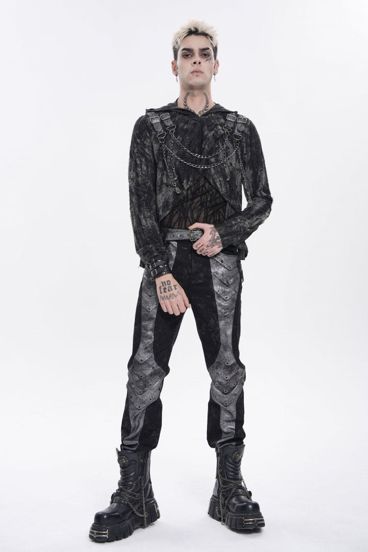 Black Long Sleeves Spliced Hooded Mesh Ripped Faux Two-Piece Zippered Eyelet Men's Punk T-Shirt - Black - 1