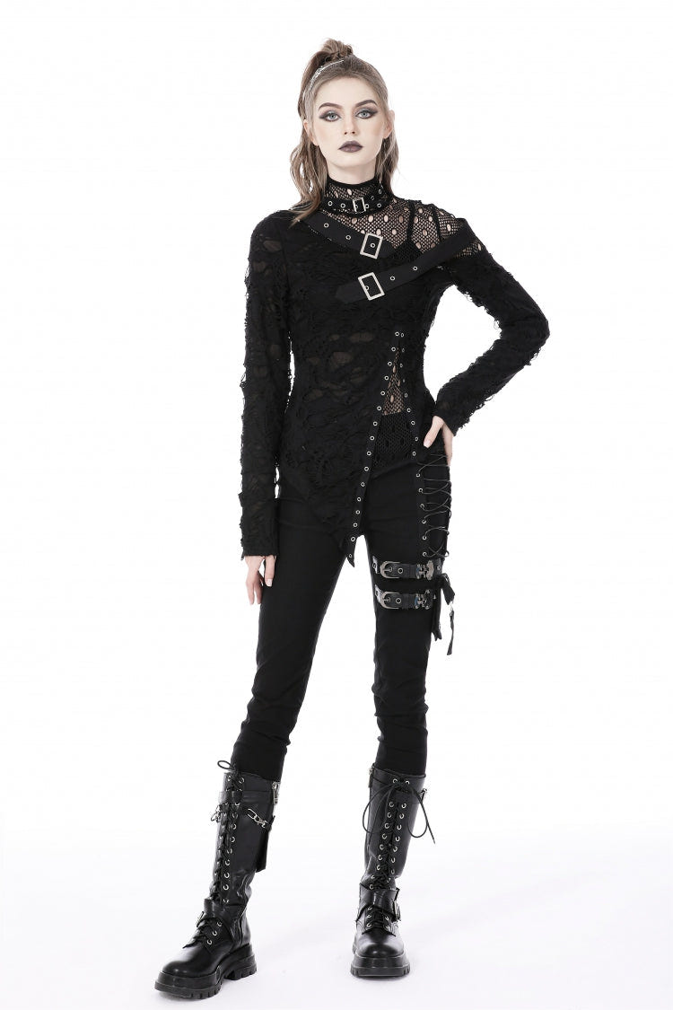 Black Women's Punk Long Sleeves Buckled Asymmetric Ripped Sheer Mesh Splice Top - Product - 10