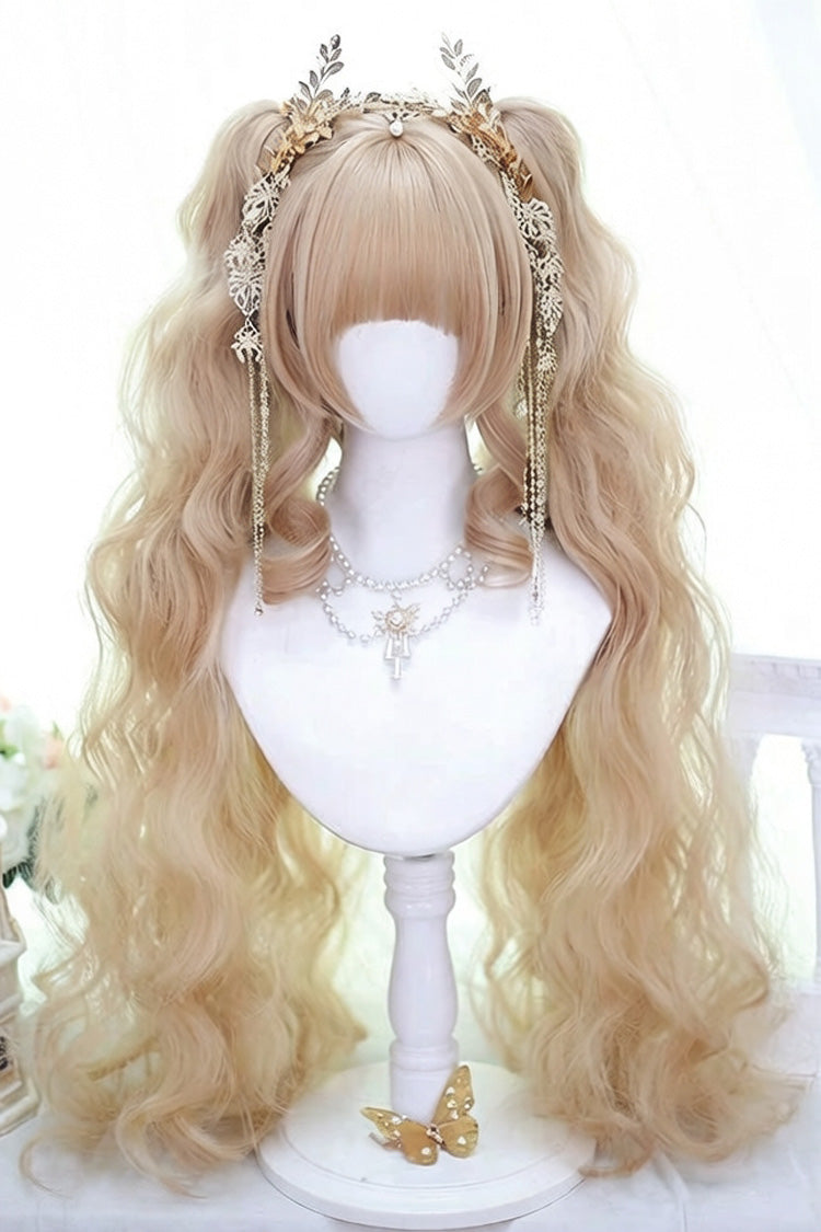 Creamy Gold Soft Waves with Light Airy Bangs Twin-Tail Wig Set - Creamy-Gold - 1