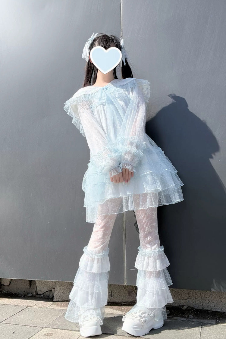 Blue [Sea Salt Soda] Navy Collar Long Sleeves Multi-Layered Ruffled Lace Sheer Jirai Kei Dress - Product - 3