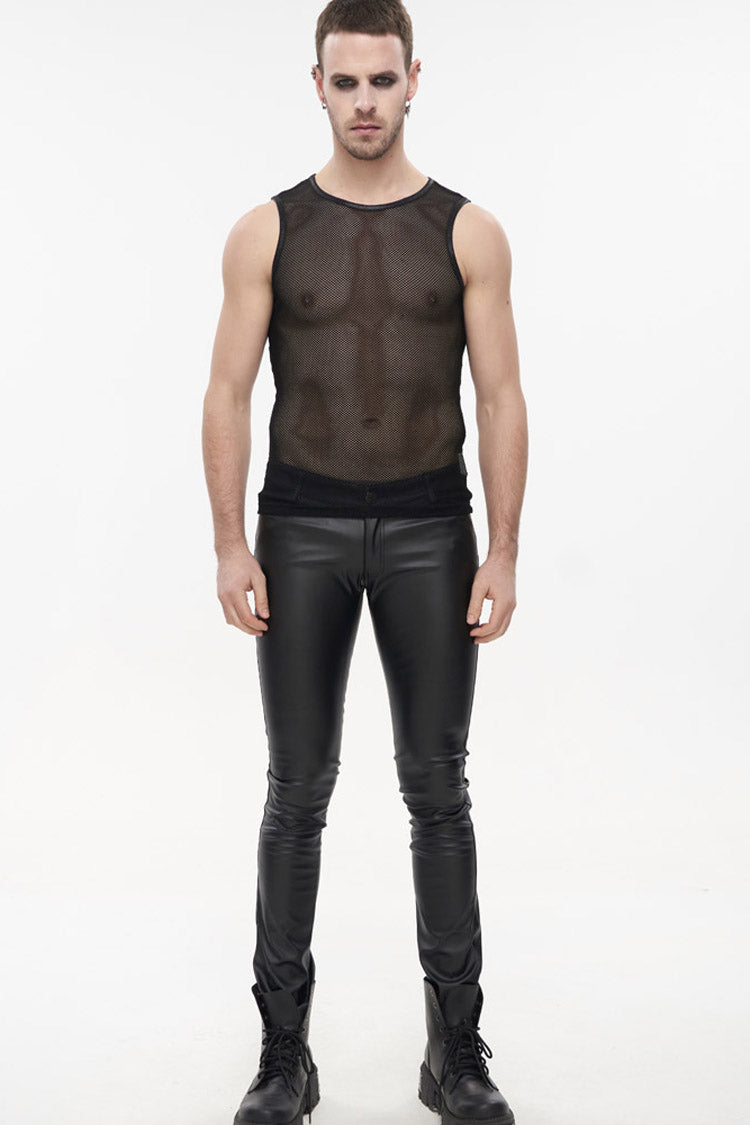 Black Gothic Elasticity Perspective Rhombus Net Yarn Sleeveles Men's T-Shirt - Product - 7