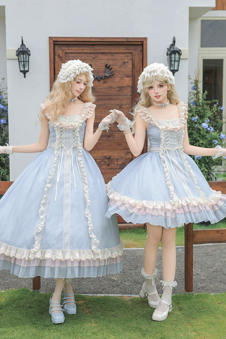 Blue [Island Diary] Square Collar Flutter Sleeves Triple-Layered Ruffled Lace-Up Sweet Lolita Jsk Dress 2 Versions - Product - 7