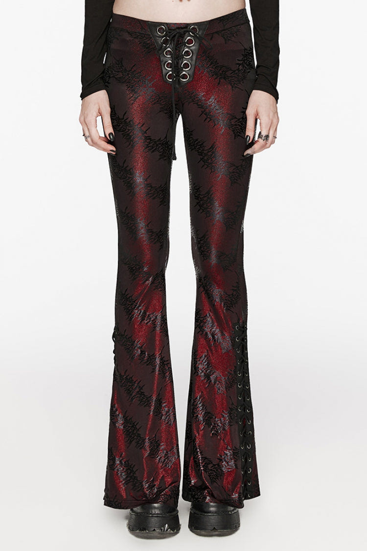 Low Waisted Thorns Print Lace-Up Women's Steampunk Flared Pants 2 Colors - Black/Red - 9