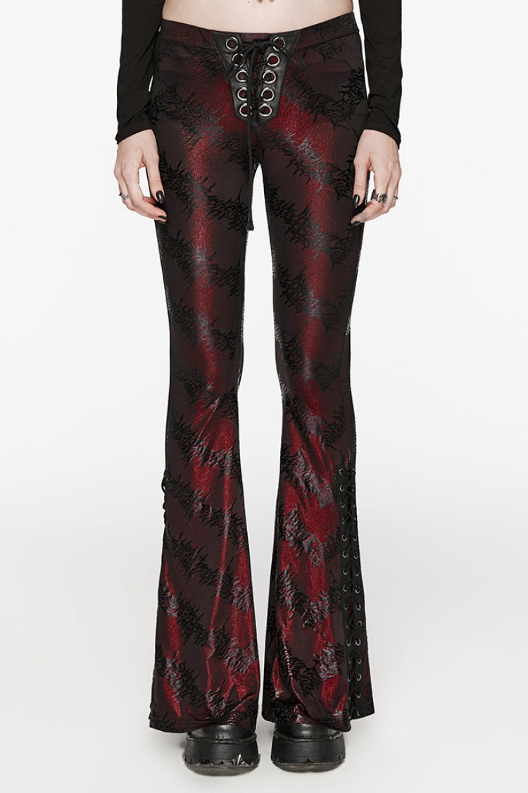Low Waisted Thorns Print Lace-Up Women's Steampunk Flared Pants 2 Colors - Black/Red - 9