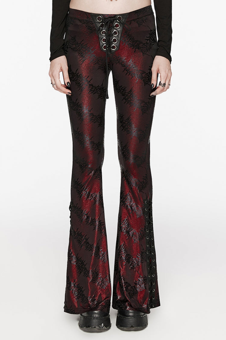 Low Waisted Thorns Print Lace-Up Women's Steampunk Flared Pants 2 Colors - Black/Red - 9