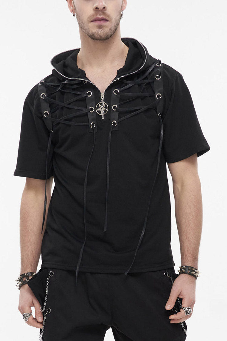 Black Punk Short Sleeve Metal Zipper Lace-Up Knit Loose Casual Hooded Men's T-Shirt - Product - 1
