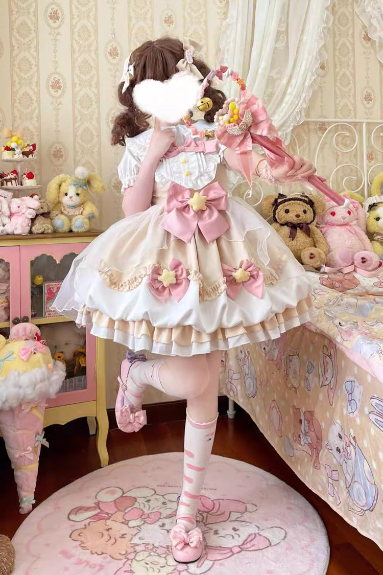 Little Wishing Star Ruffle Bowknot Bud Sweet Lolita Jsk Dress 5 Colors - Ivory - 3