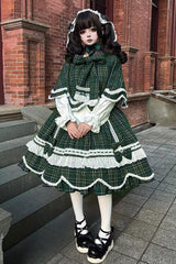 Green [Gingham Petal Bunny] Short Sleeves Printed Ruffled Bow Sweet Lolita OP Dress - Green - 1