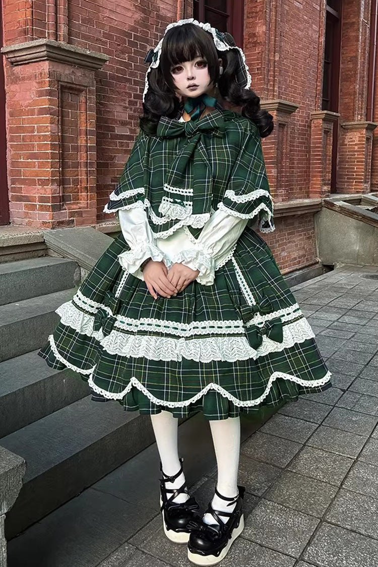 Green [Gingham Petal Bunny] Short Sleeves Printed Ruffled Bow Sweet Lolita OP Dress - Green - 1