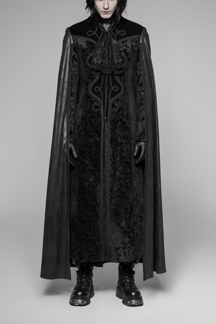 Black Long Sleeve Stand Up Collar Front Metal Decoration Paisley Pattern Embossed Velvet Men's Gothic Coat With Cloak - Black - 1