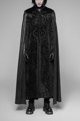 Black Long Sleeve Stand Up Collar Front Metal Decoration Paisley Pattern Embossed Velvet Men's Gothic Coat With Cloak - Black - 1
