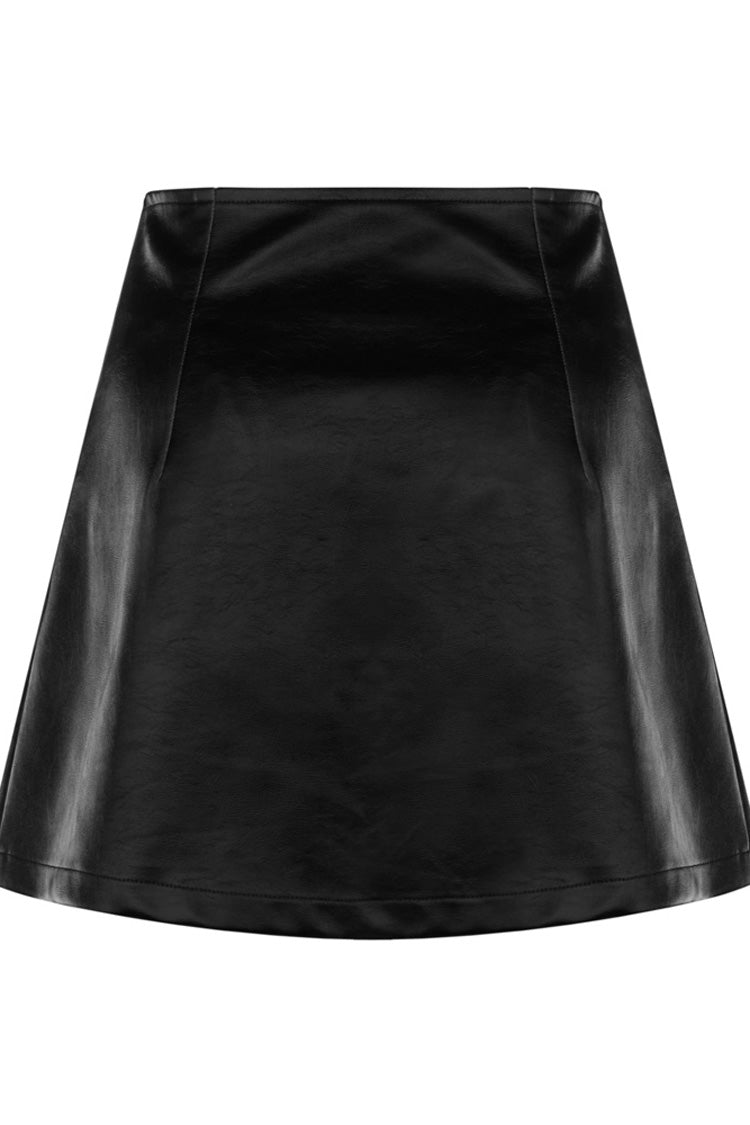 Black Rivet Lace A Version Slit Leather Women's Punk Skirt - Product - 7