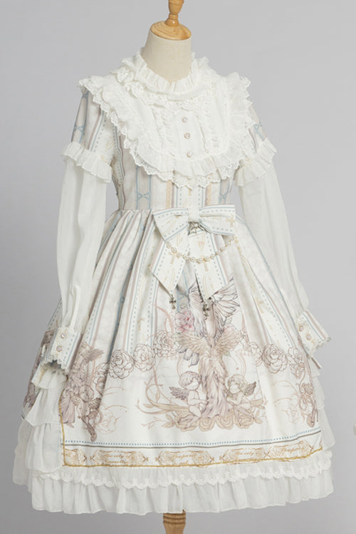 Round Collar Ruffled Long Sleeves Reunion World Print Classic Lolita OP Dress - Product - 5