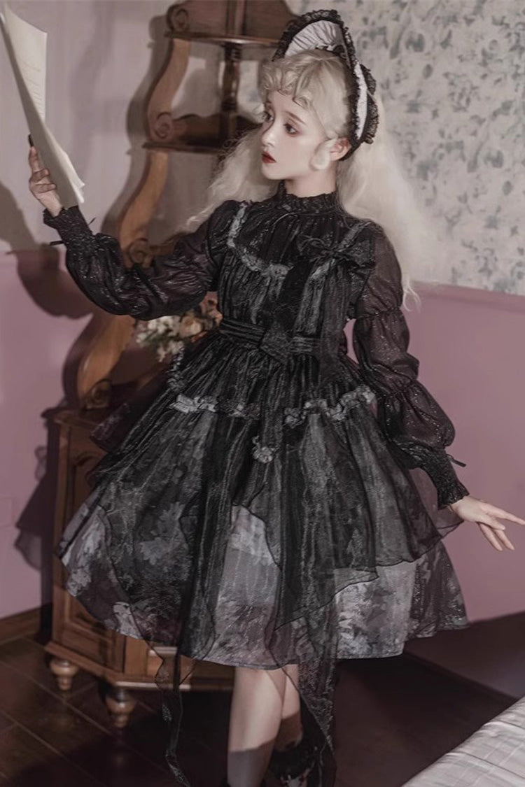 Black Stand Collar High Waisted Dead Leaves Print Tulle Gothic Princess Lolita Jsk Dress - Product - 6