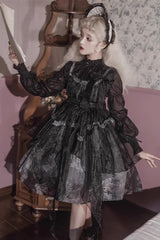 Black Stand Collar High Waisted Dead Leaves Print Tulle Gothic Princess Lolita Jsk Dress - Product - 6
