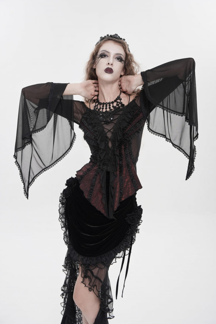 Black/Red Off Shoulder Long Trumpet Sleeves Ruffled Embroidered Lace-Up Women's Gothic Blouse - Product - 4