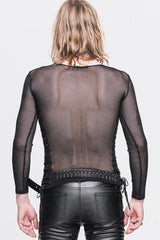 Black Diamond Shaped Mesh Round Neck Long Sleeves Mens Punk T-Shirt - Product - 5