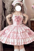 Pink Sleeveless Multi-Layered Ruffle Bowknot Lace-Up Sweet Tiered (Dress Only) front view