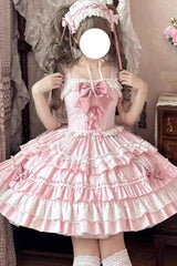 Pink Sleeveless Multi-Layered Ruffle Bowknot Lace-Up Sweet Lolita Tiered Dress - Pink - 1
