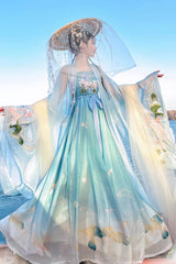 Blue Tang Dynasty Long Trumpet Sleeves Print Embroidery Sweet Hanfu Dress - Product - 2
