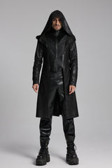 Black Zip Pleated Hooded Men's Gothic Jacket - Black - 1
