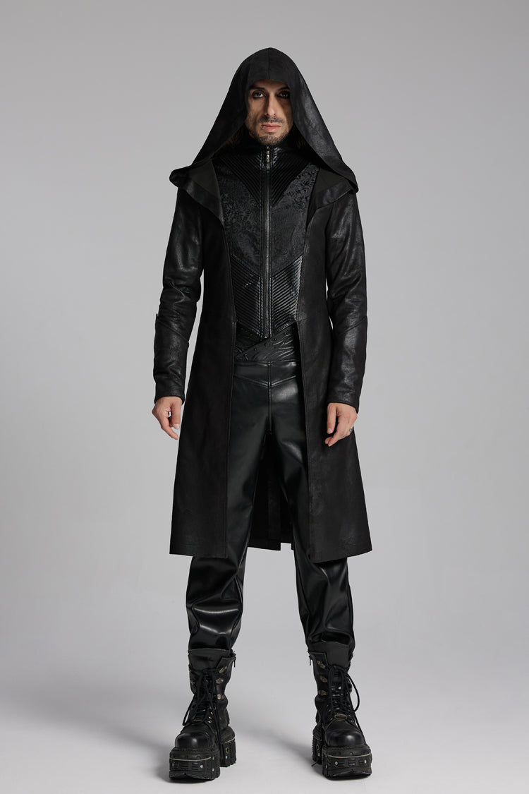 Black Zip Pleated Hooded Men's Gothic Jacket - Black - 1