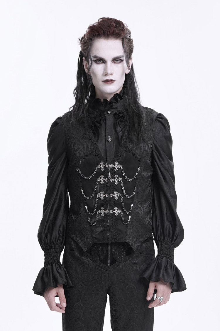 Black Sleeveless Jacquard Chain Buckle-up Men's Gothic Vest - Black - 1