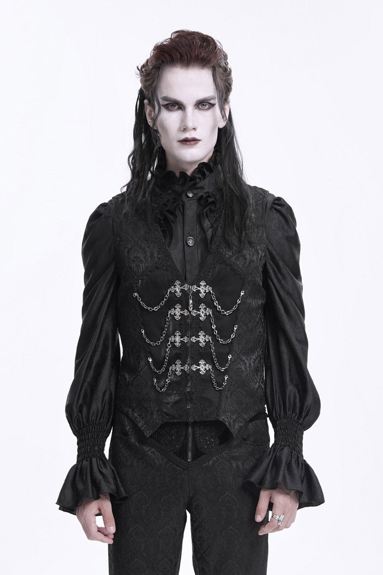 Black Sleeveless Jacquard Chain Buckle-up Men's Gothic Vest - Black - 1