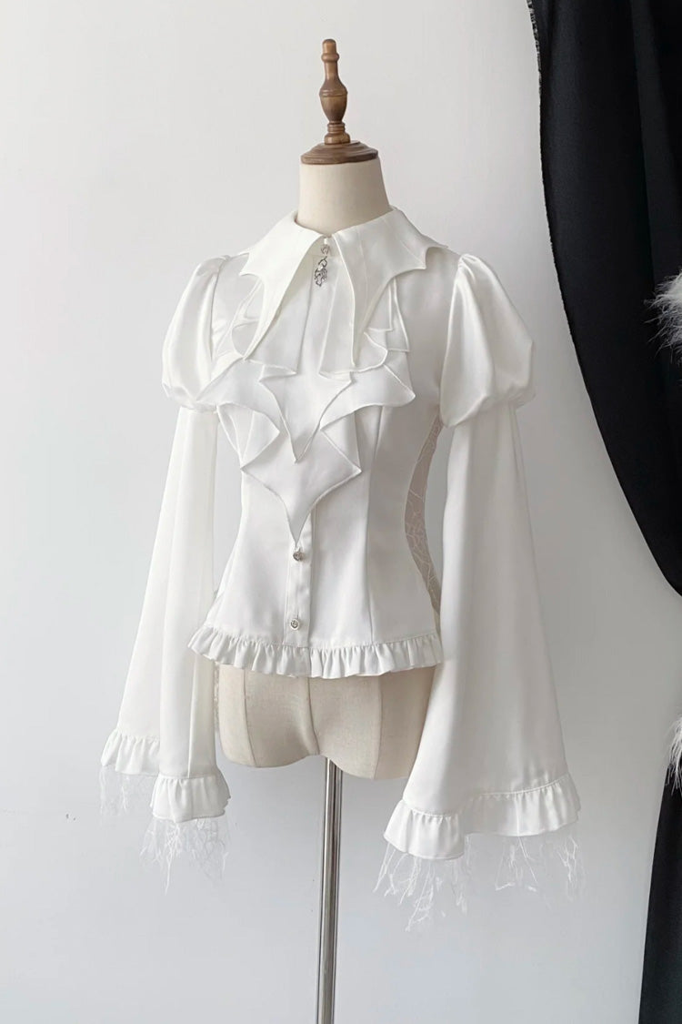 Bat Collar Long Sleeves Ruffle Gothic Lolita Blouse 3 Colors - White - 2