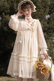Elfenbeinfarbenes Sonnenblumen-Tagebuch mit langen Ärmeln, Rüschen, Stickerei, Schleife, Spitze, Chiffon, süße Prinzessin (Kleid einzeln), Vorderansicht