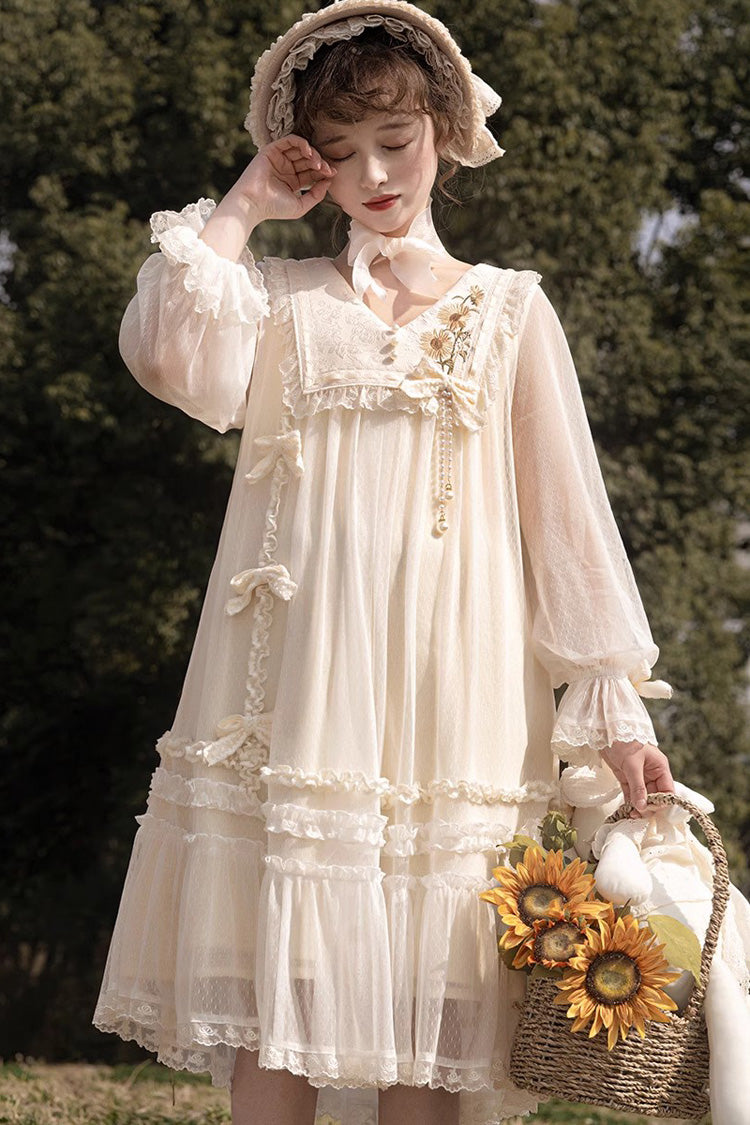 Ivory [Sunflower Diary] Long Sleeves Ruffle Embroidery Bowknot Lace Chiffon Sweet Princess Lolita Dress - Ivory - 1