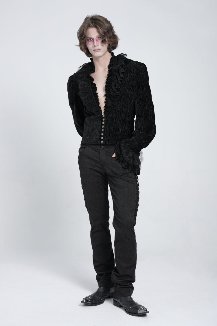 Black V Collar Long Sleeves Ruffle Stitching Lace Men's Gothic Blouse - Product - 7